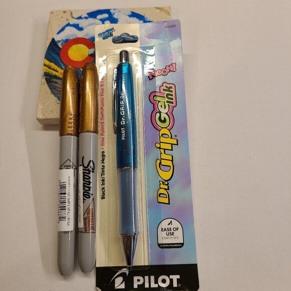 NEON ELECTRIC BLUE DR. GRIP GEL INK PEN FINE PT 0.7 + 2 METALLIC BRONZE SHARPIES - Picture 1 of 1